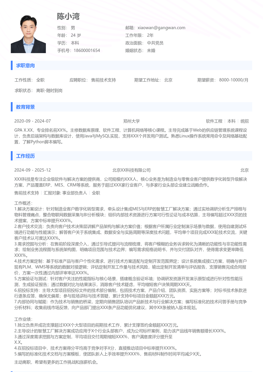 高级售前技术支持利落简历模板