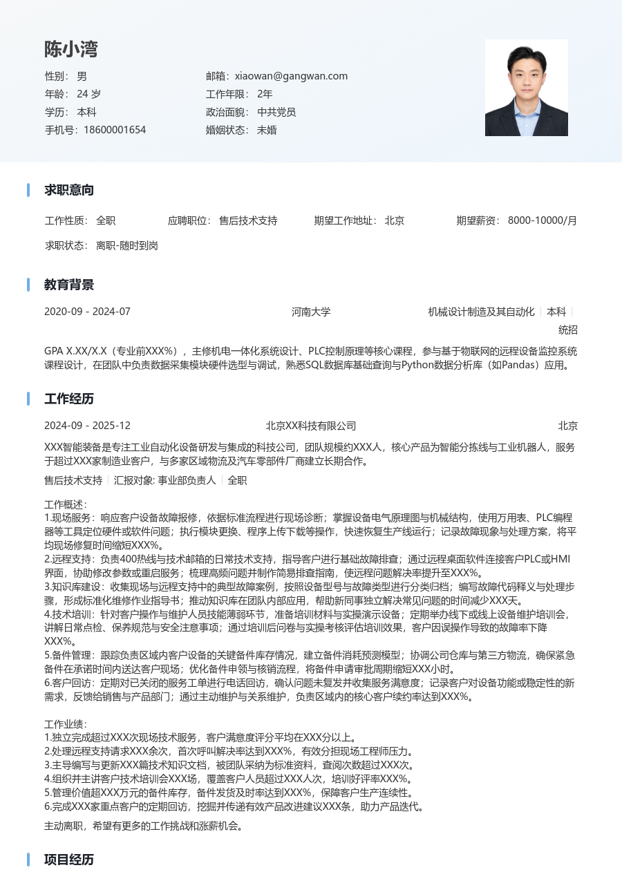 中级售后技术支持简洁简历模板