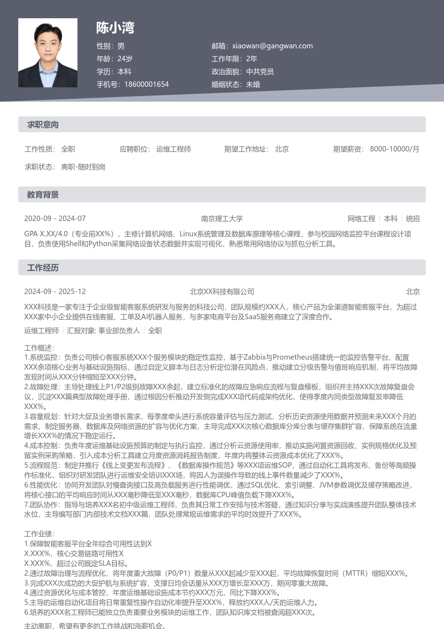 高级运维工程师现代简历模板