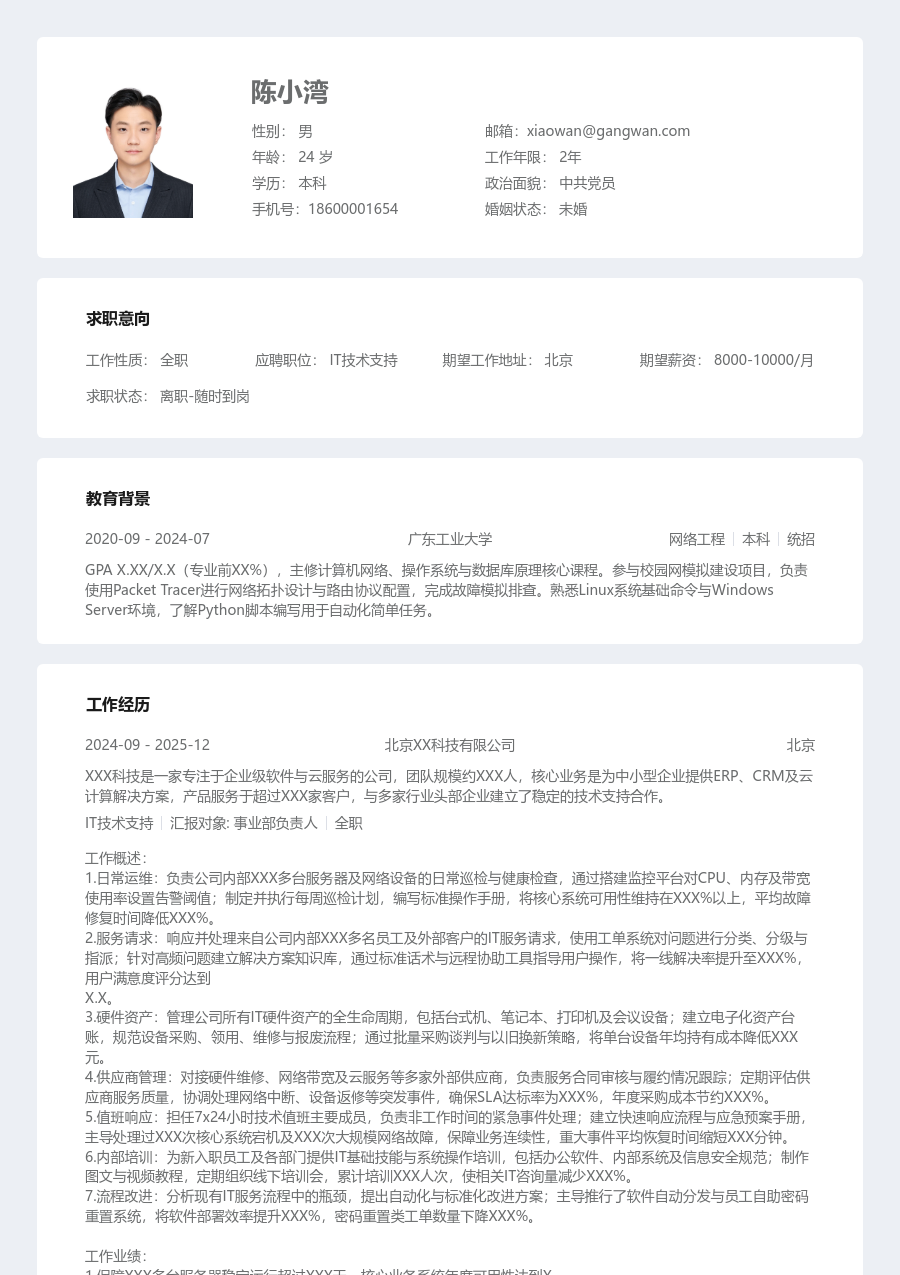 资深IT技术支持学术简历模板