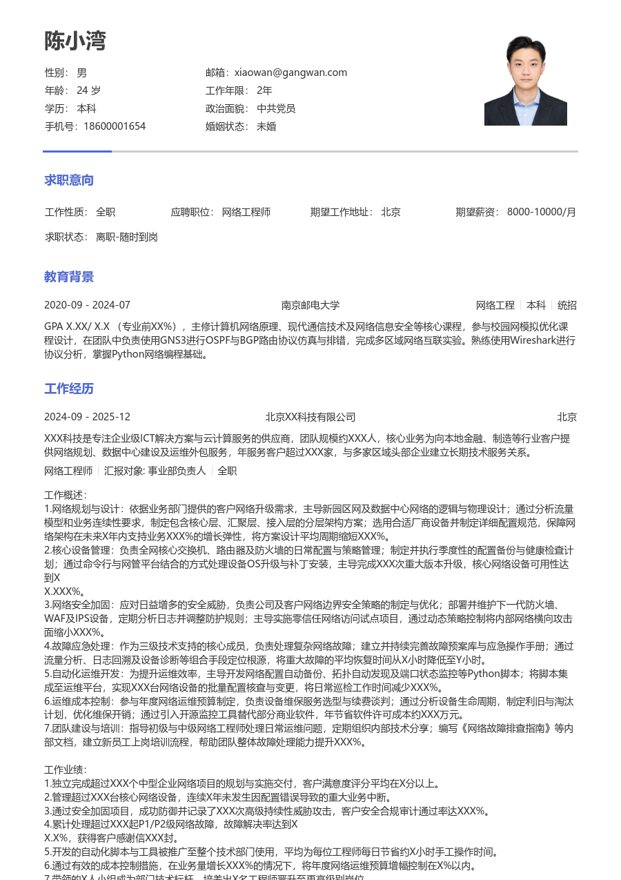资深网络工程师实用简历模板