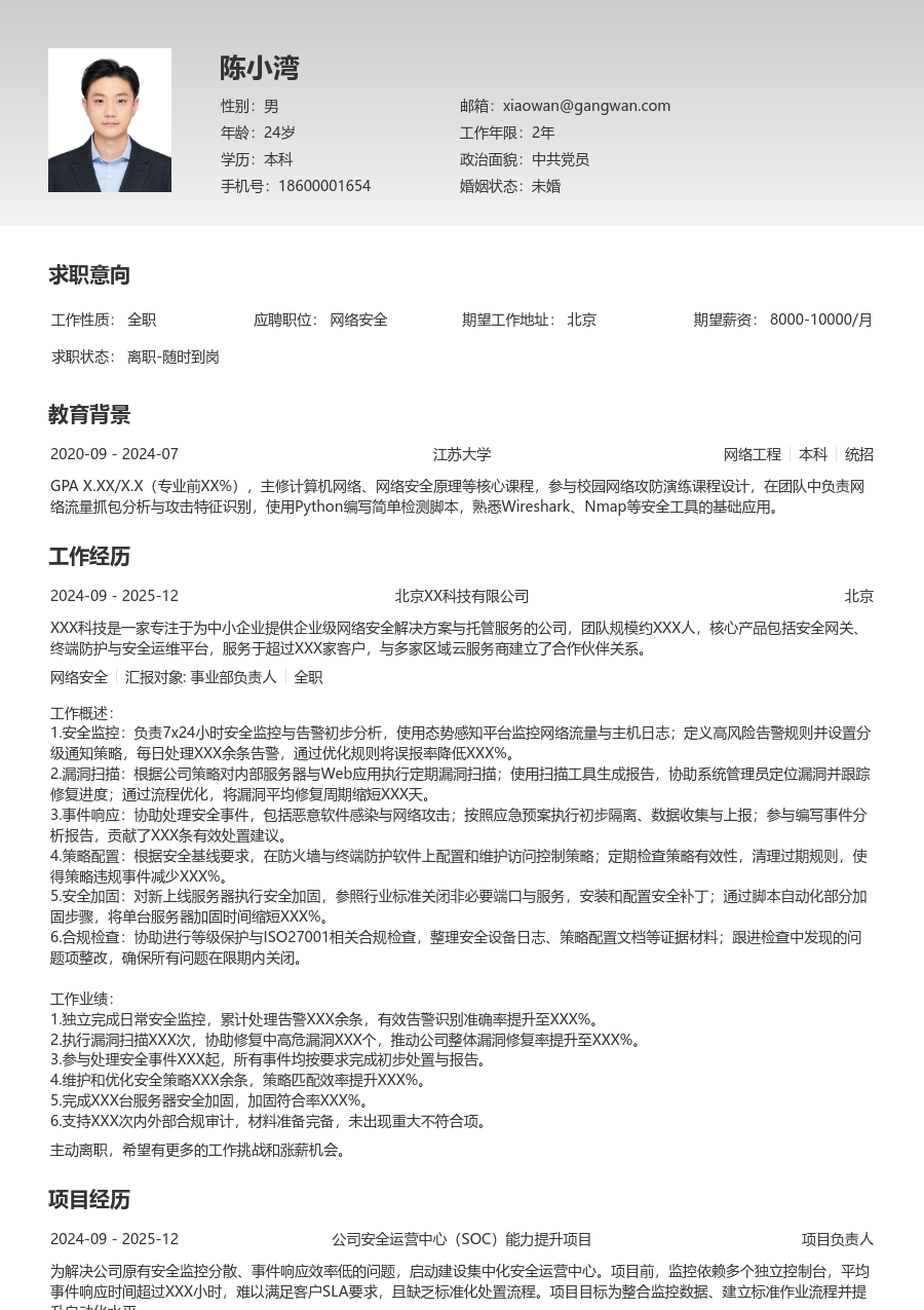 初级网络安全细致简历模板