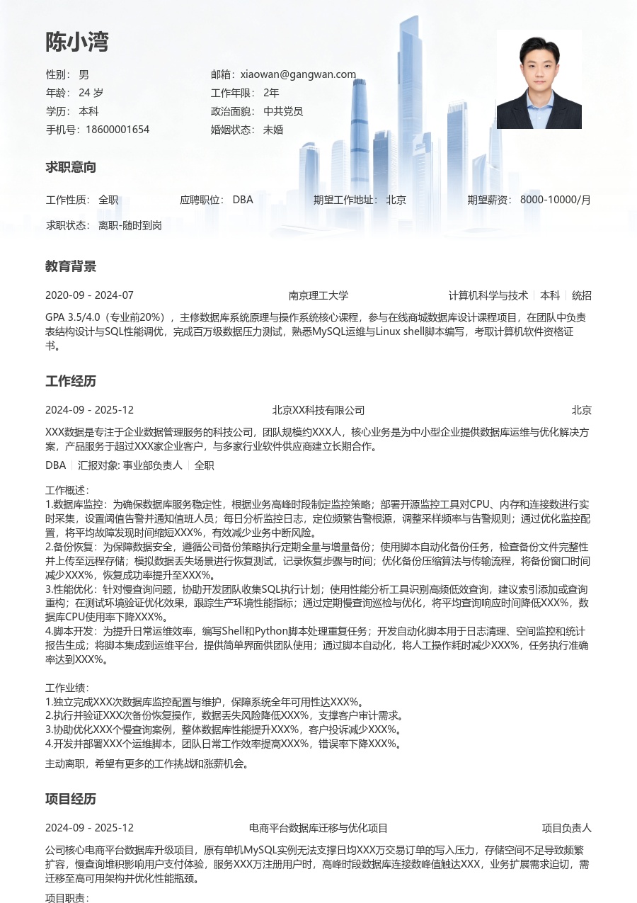 在校生DBA干练简历模板
