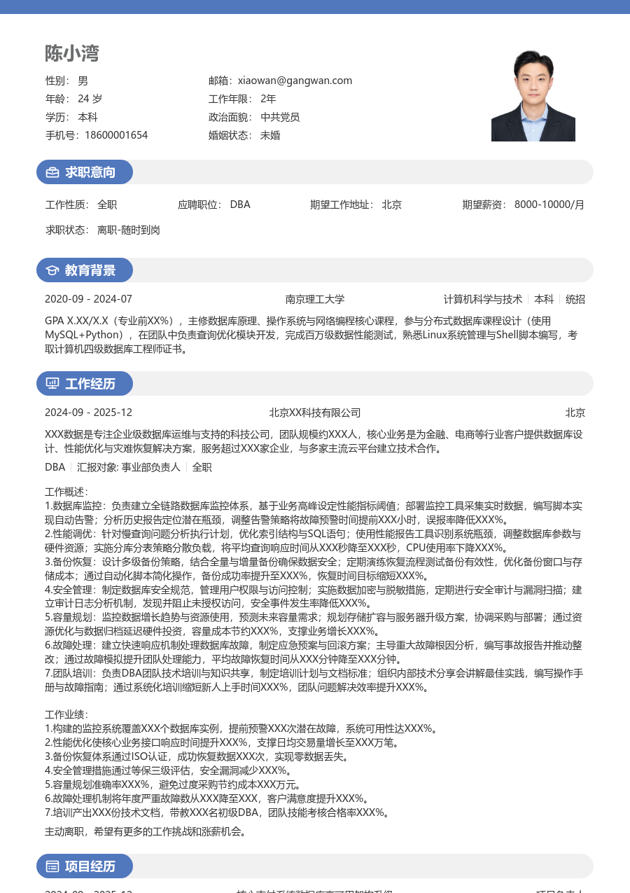 资深DBA商务简历模板