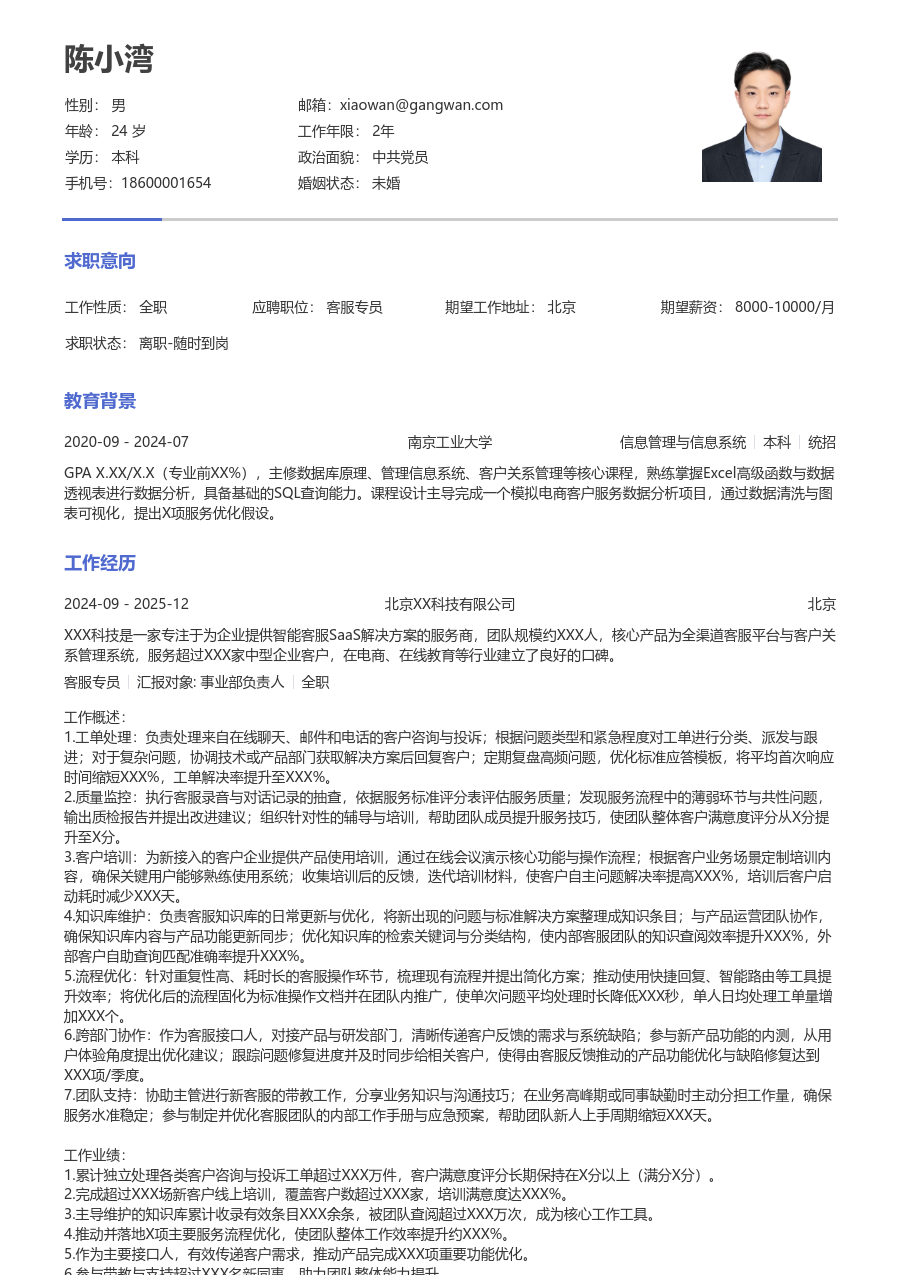 资深客服专员实用简历模板