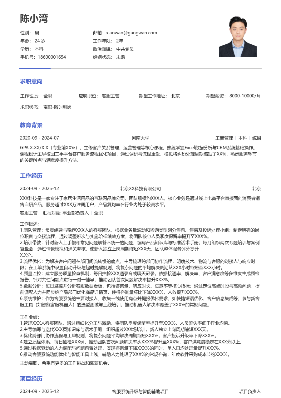 中级客服主管素净简历模板