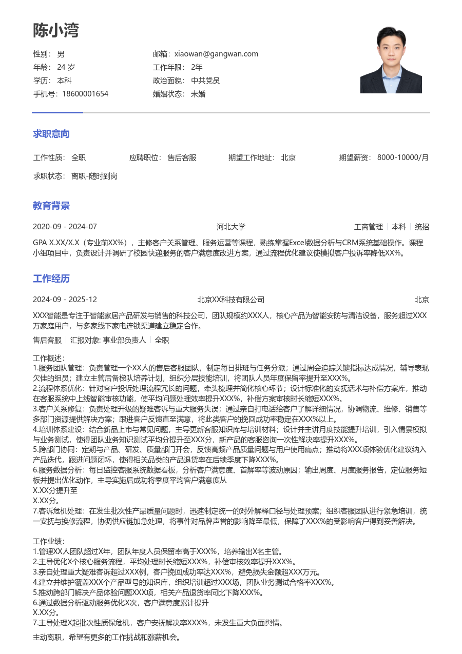 高级售后客服利落简历模板 - 包含工作经历、项目经验的售后客服简历模板预览图
