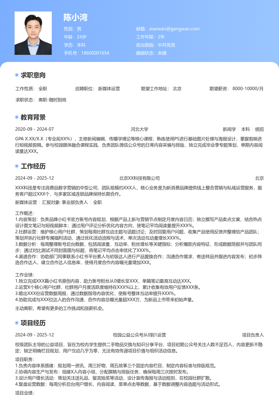 在校生新媒体运营现代简历模板