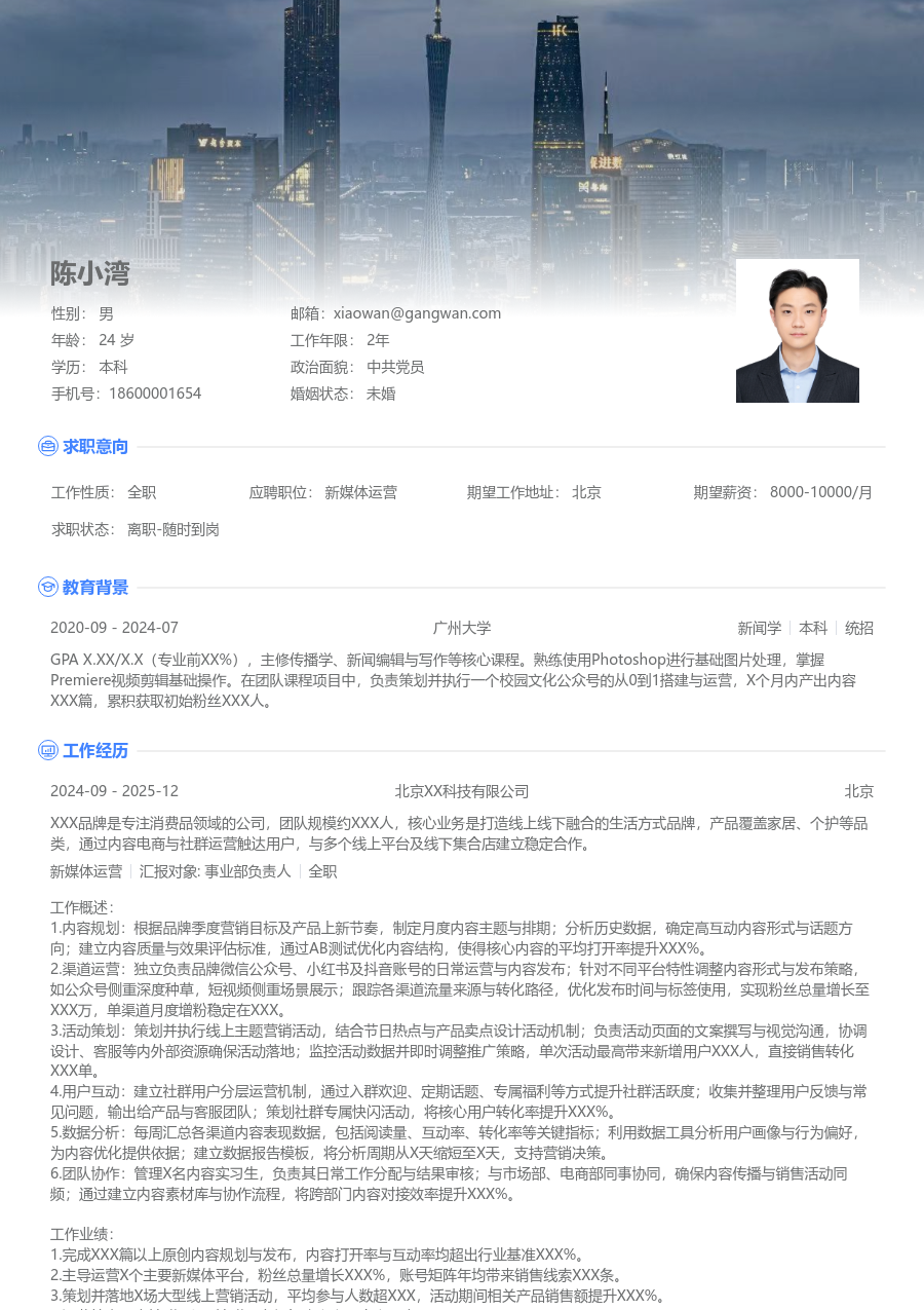 中级新媒体运营高端简历模板 - 包含工作经历、项目经验的新媒体运营简历模板预览图