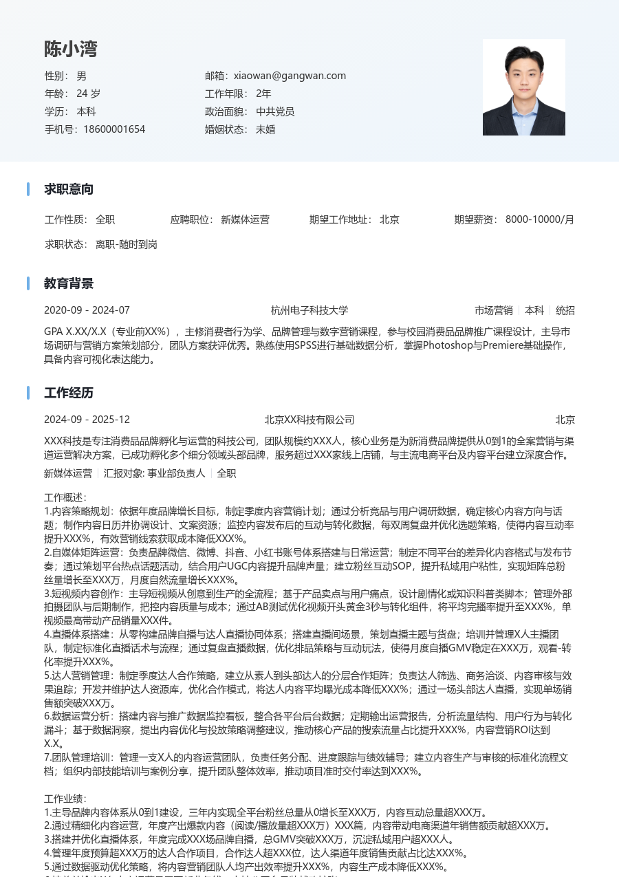 资深新媒体运营简洁简历模板