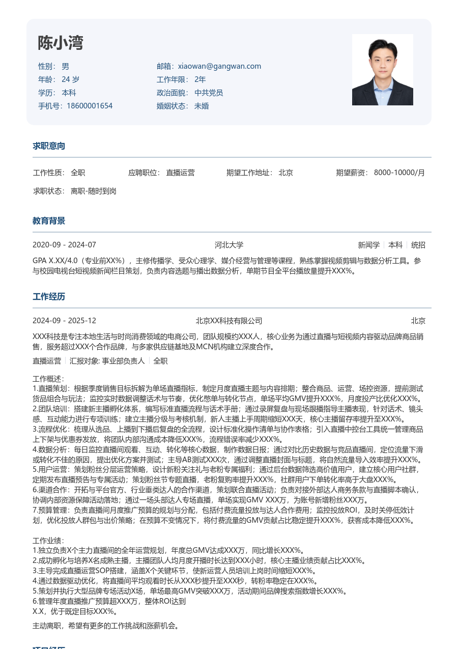 资深直播运营利落简历模板 - 包含工作经历、项目经验的直播运营简历模板预览图