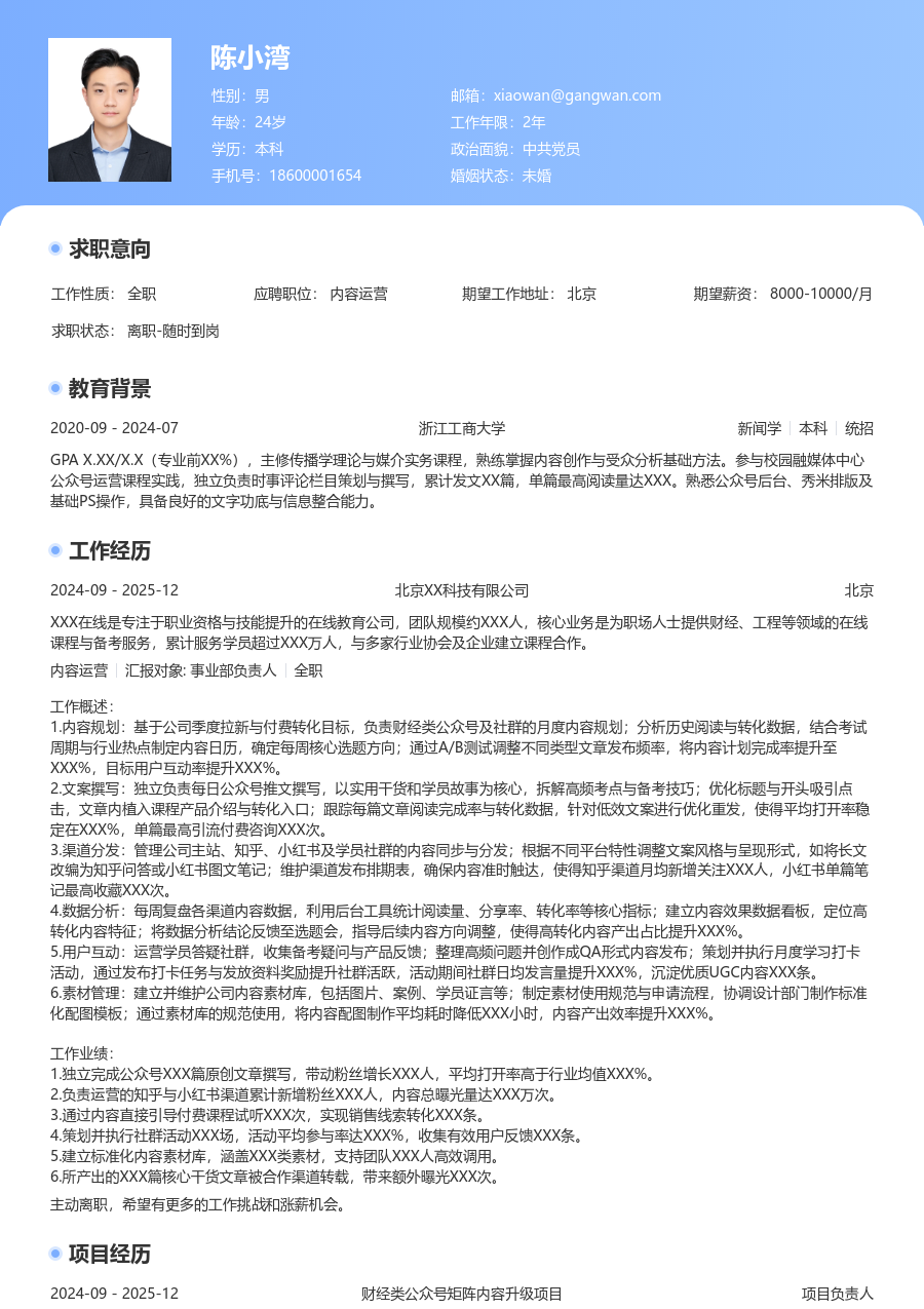 初级内容运营精致简历模板