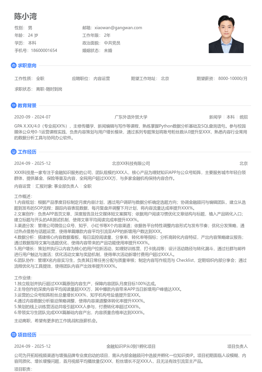 中级内容运营清爽简历模板