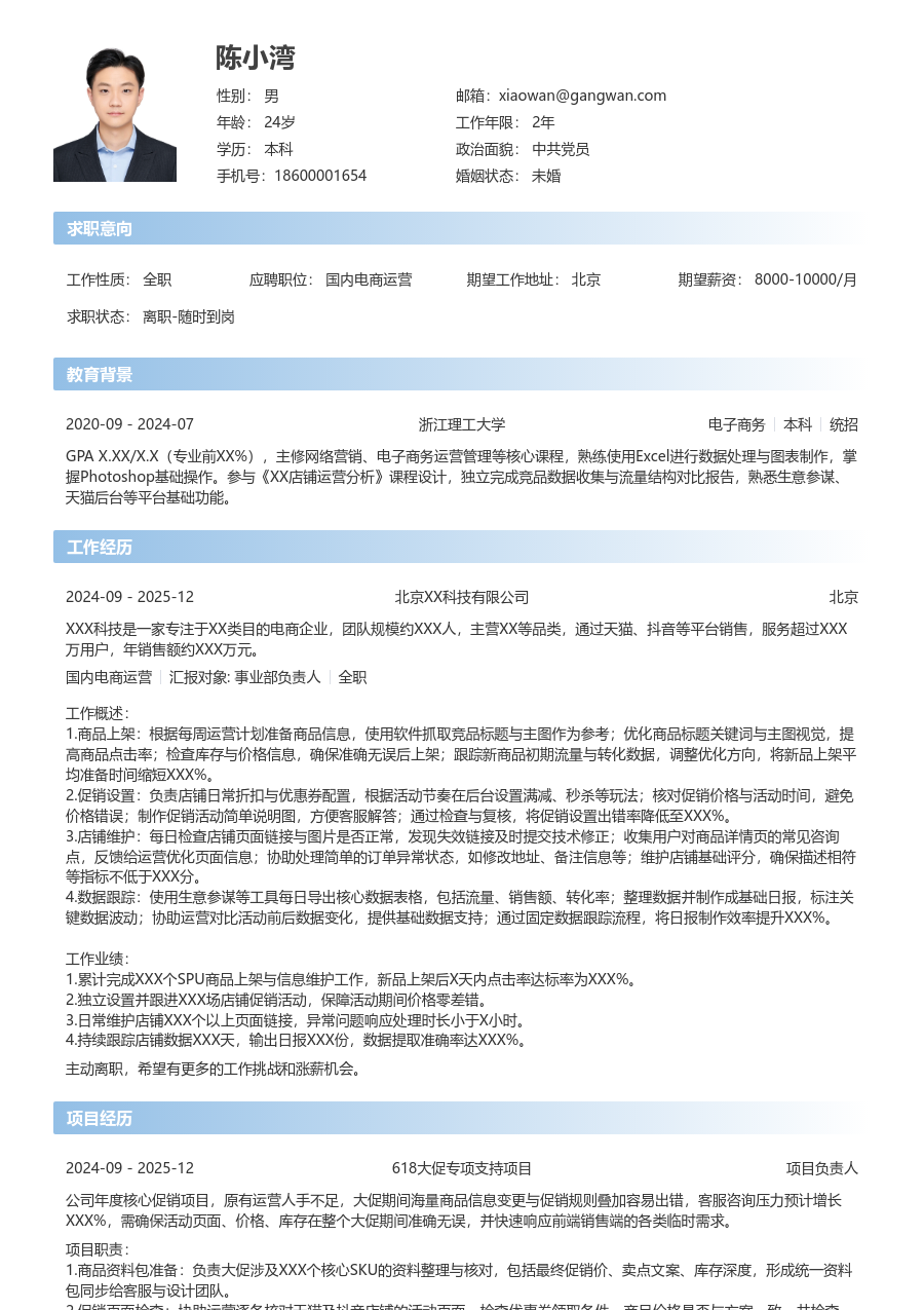 应届生国内电商运营简约简历模板