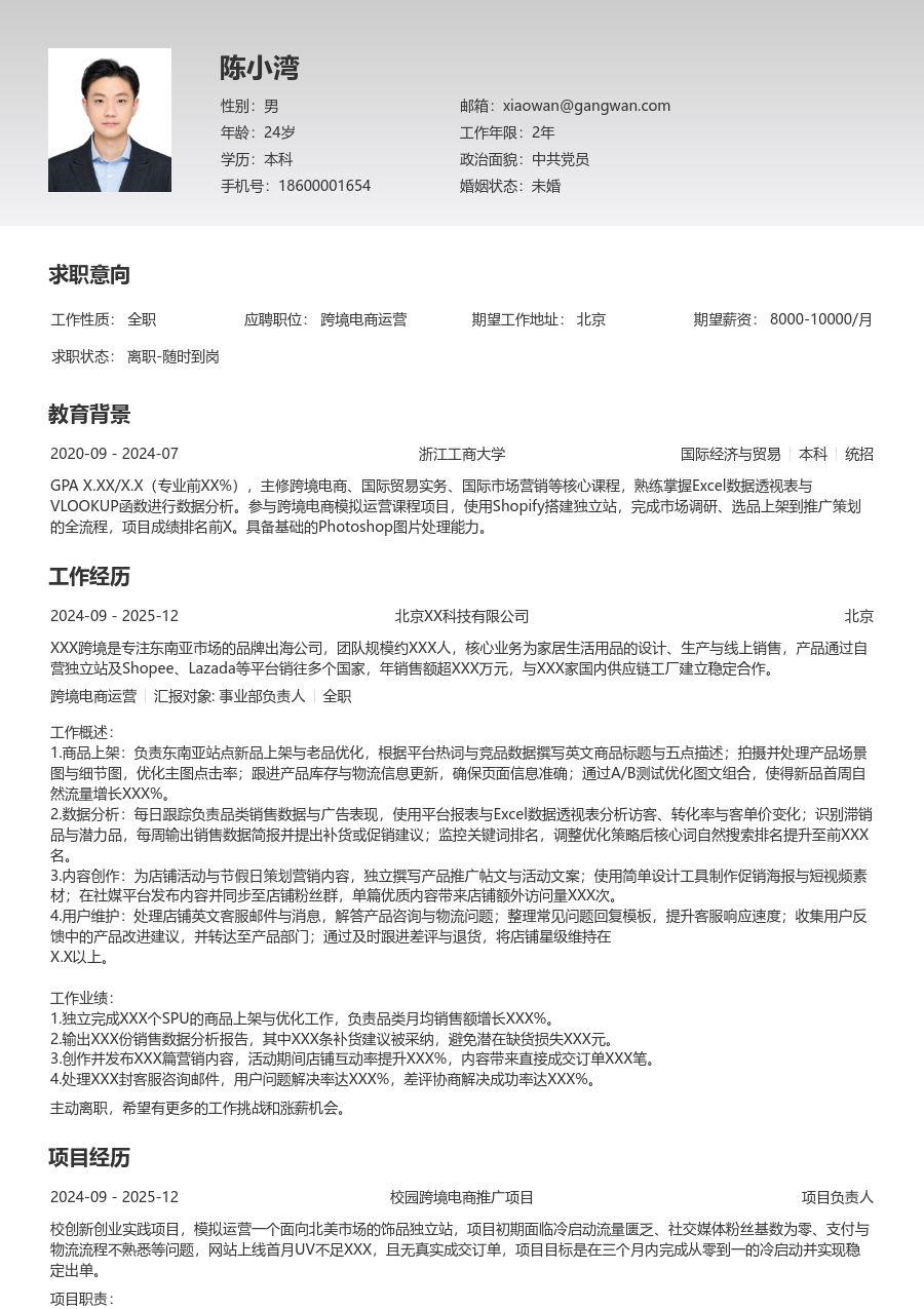 在校生跨境电商运营专业简历模板