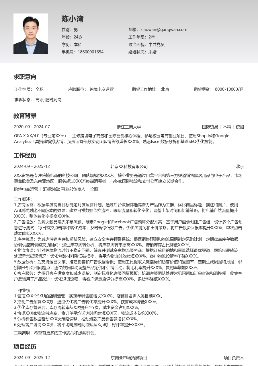 中级跨境电商运营细致简历模板