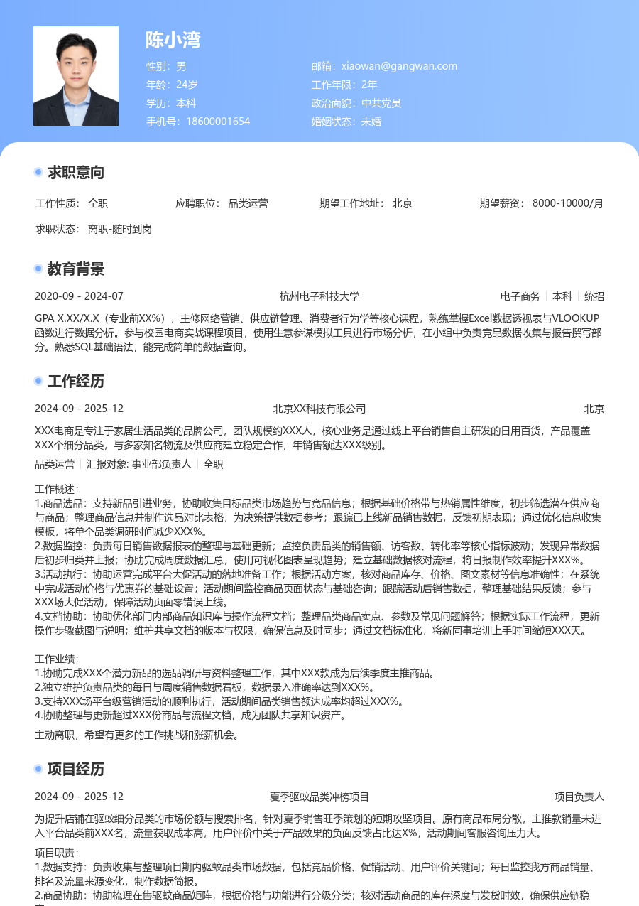 在校生品类运营创新简历模板
