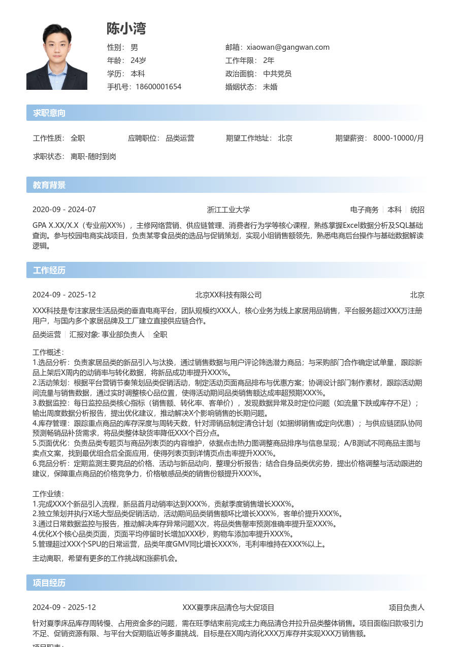 初级品类运营现代简历模板