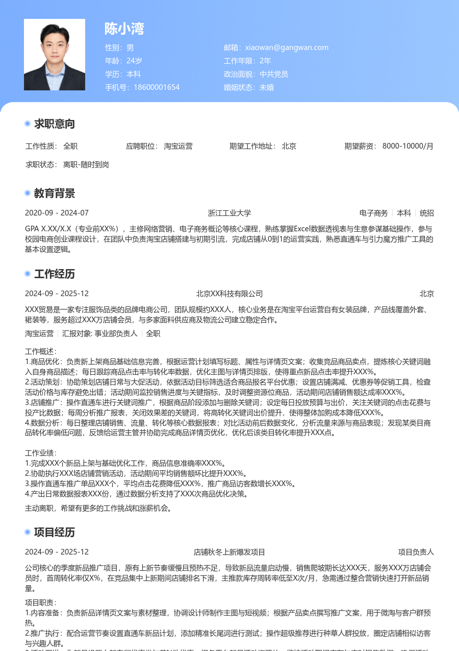 应届生淘宝运营现代简历模板