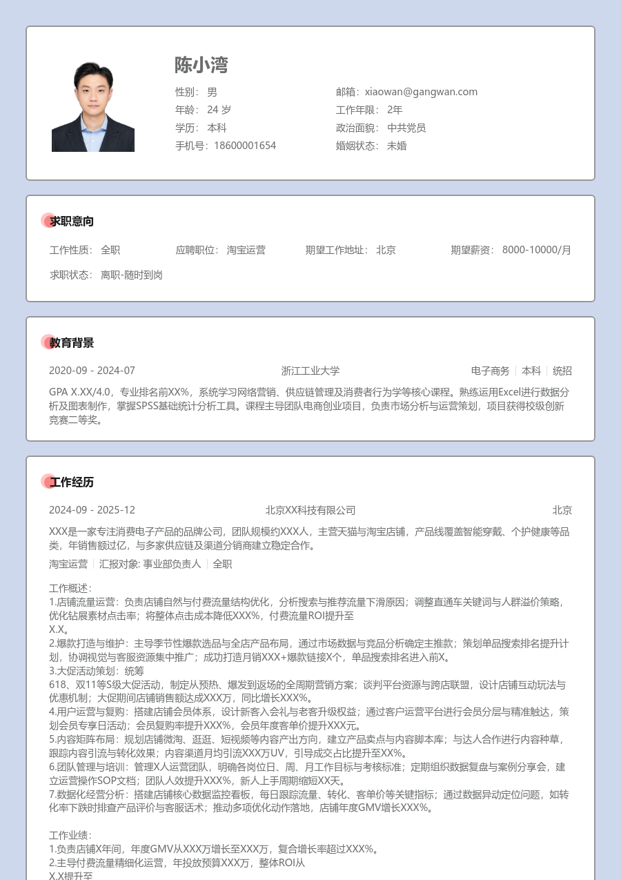 高级淘宝运营温暖简历模板