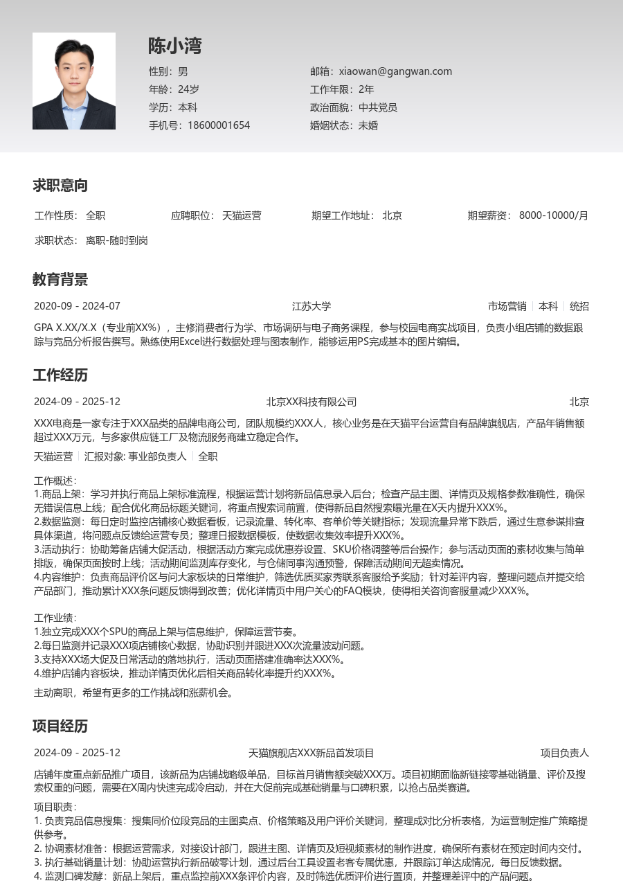 在校生天猫运营精炼简历模板