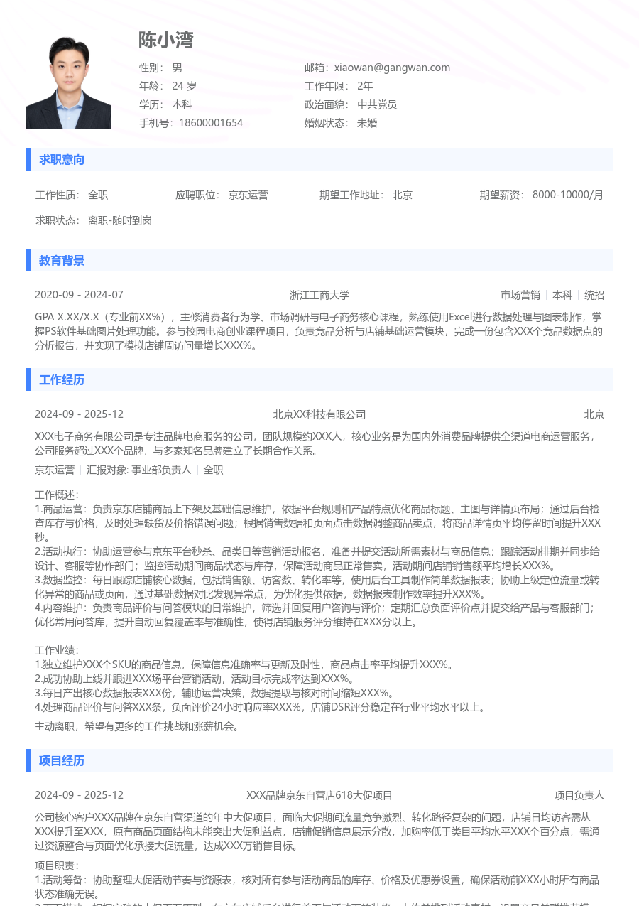 应届生京东运营利落简历模板