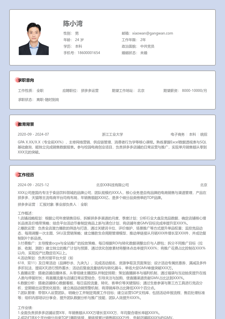 高级拼多多运营舒适简历模板