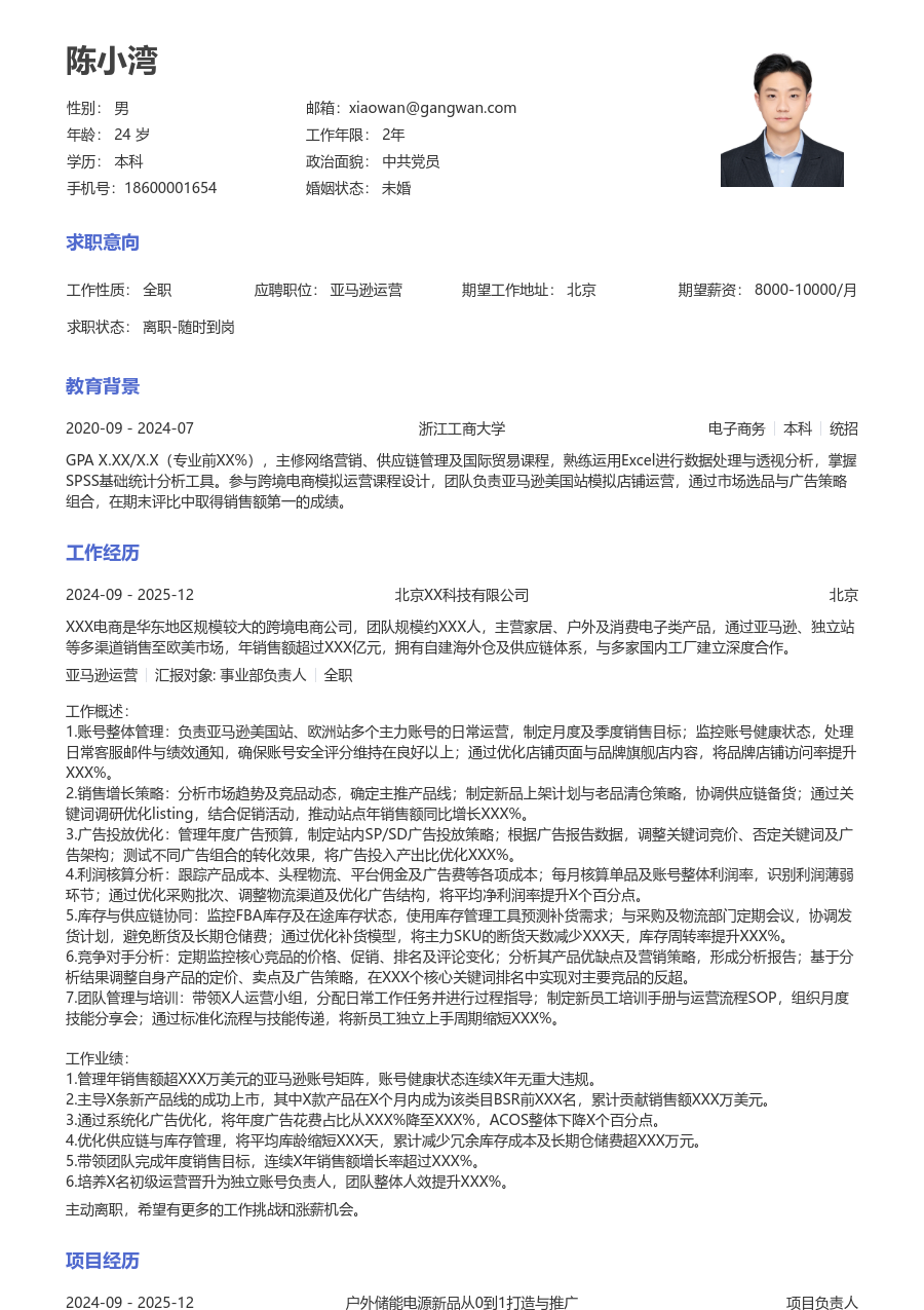 资深亚马逊运营极简简历模板