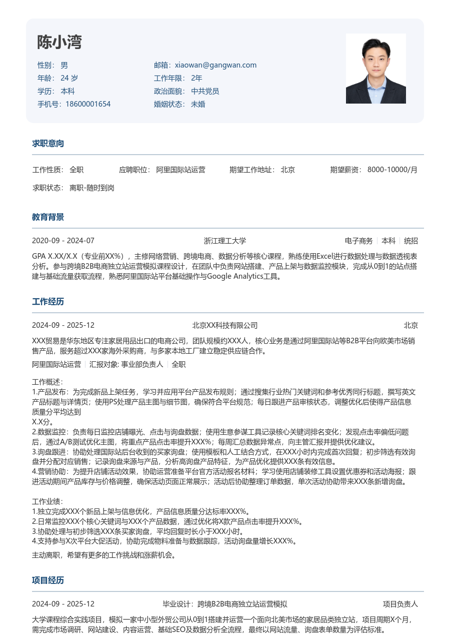 应届生阿里国际站运营严谨简历模板