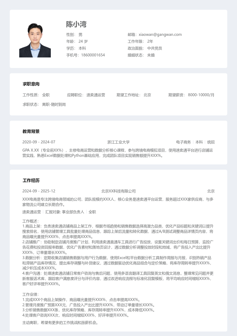 在校生速卖通运营专业简历模板