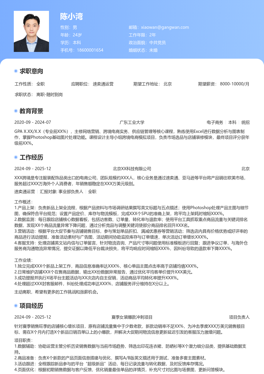 应届生速卖通运营创新简历模板