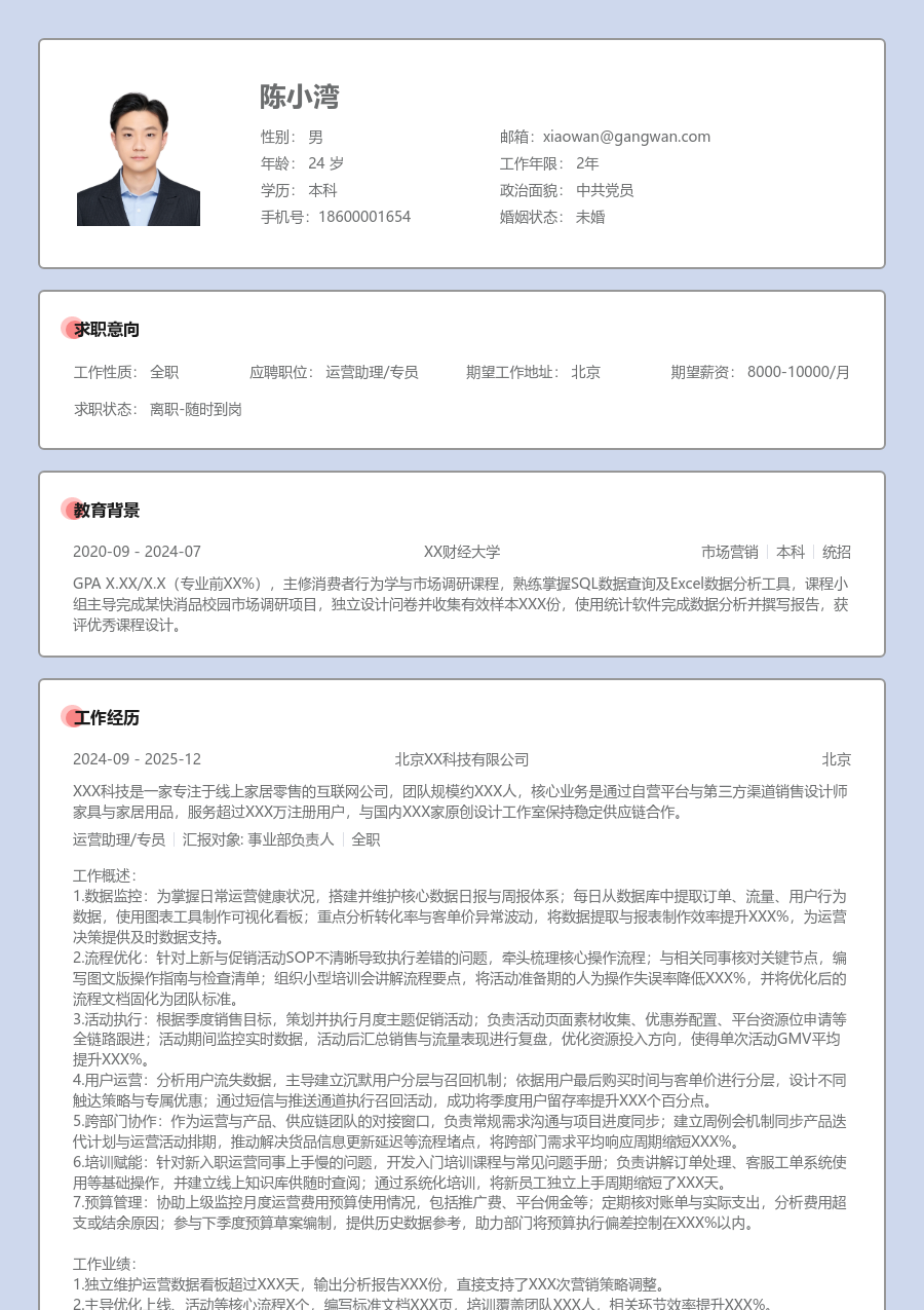 高级运营助理/专员简洁简历模板 - 包含工作经历、项目经验的运营助理/专员简历模板预览图