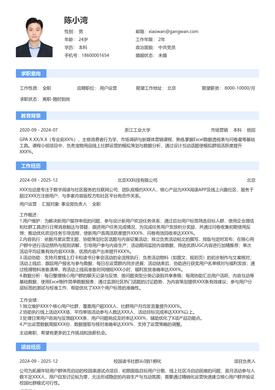 在校生用户运营整洁简历模板