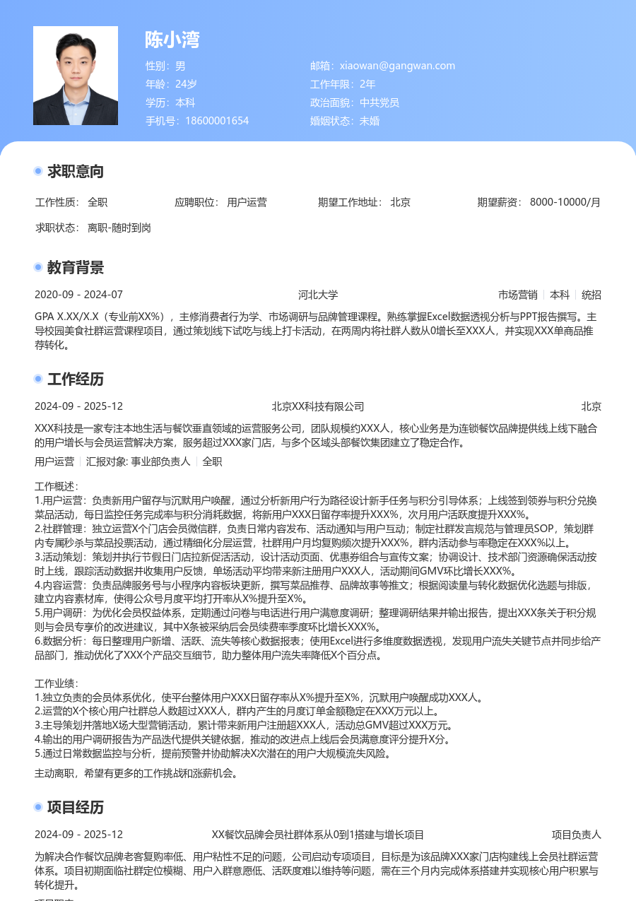 初级用户运营创新简历模板 - 包含工作经历、项目经验的用户运营简历模板预览图