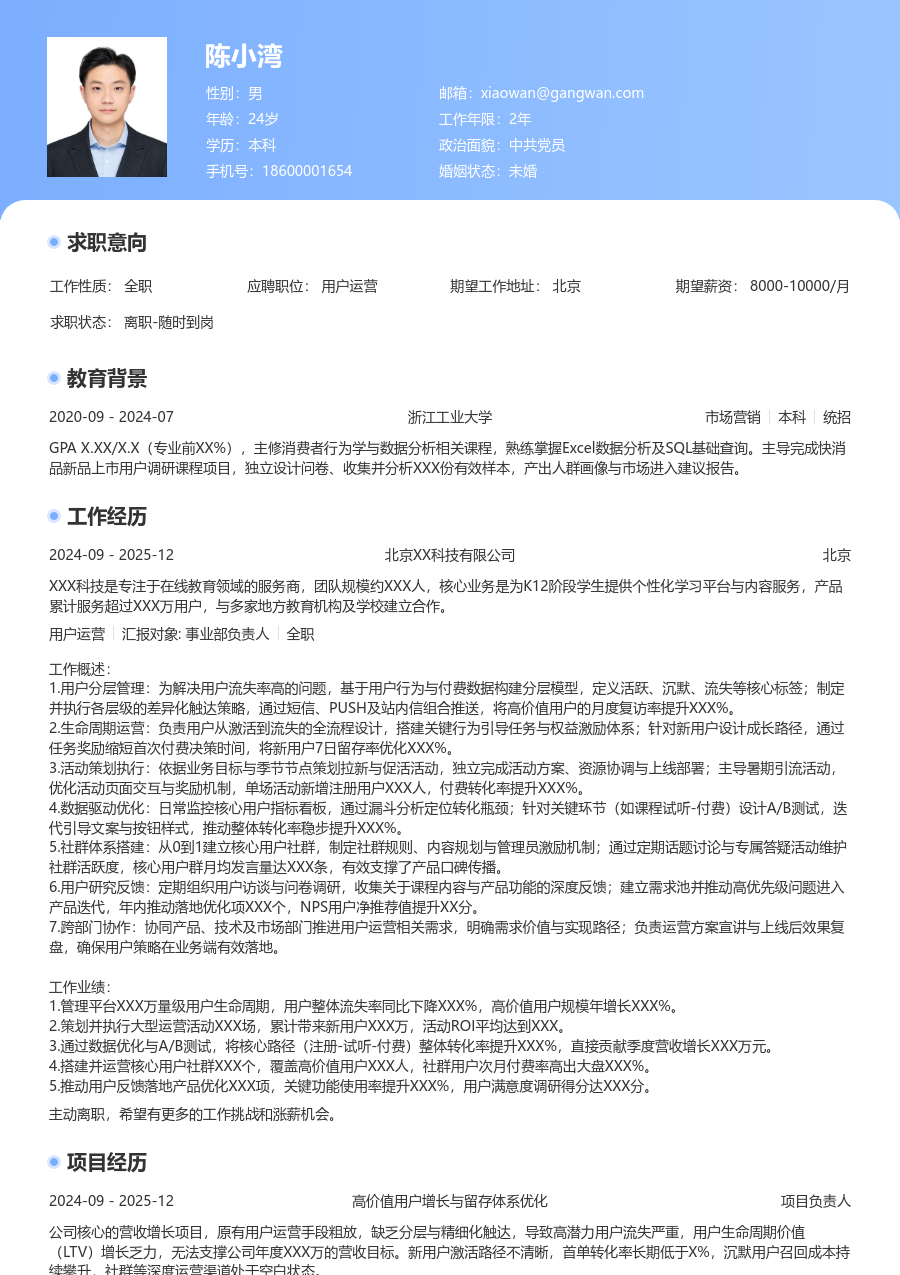 高级用户运营创新简历模板