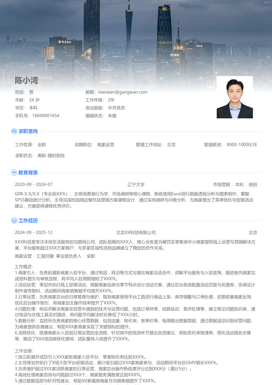 初级商家运营高端简历模板 - 包含工作经历、项目经验的商家运营简历模板预览图