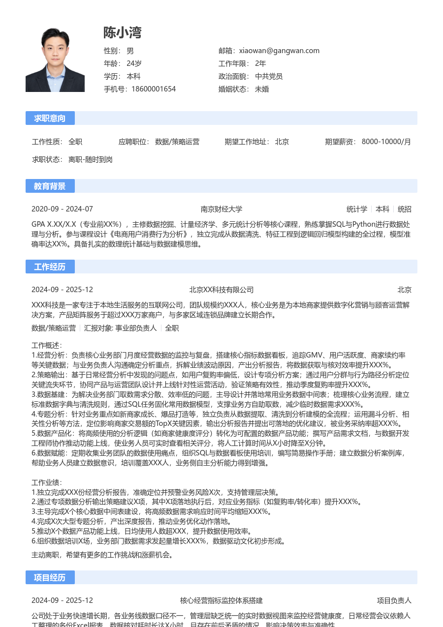 中级数据/策略运营轻商务简历模板