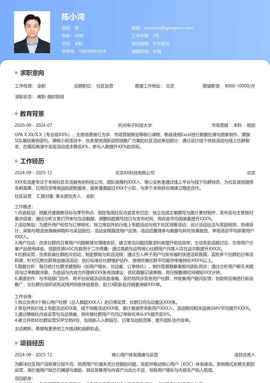 1-3年经验社区运营简历模板（通用风格）