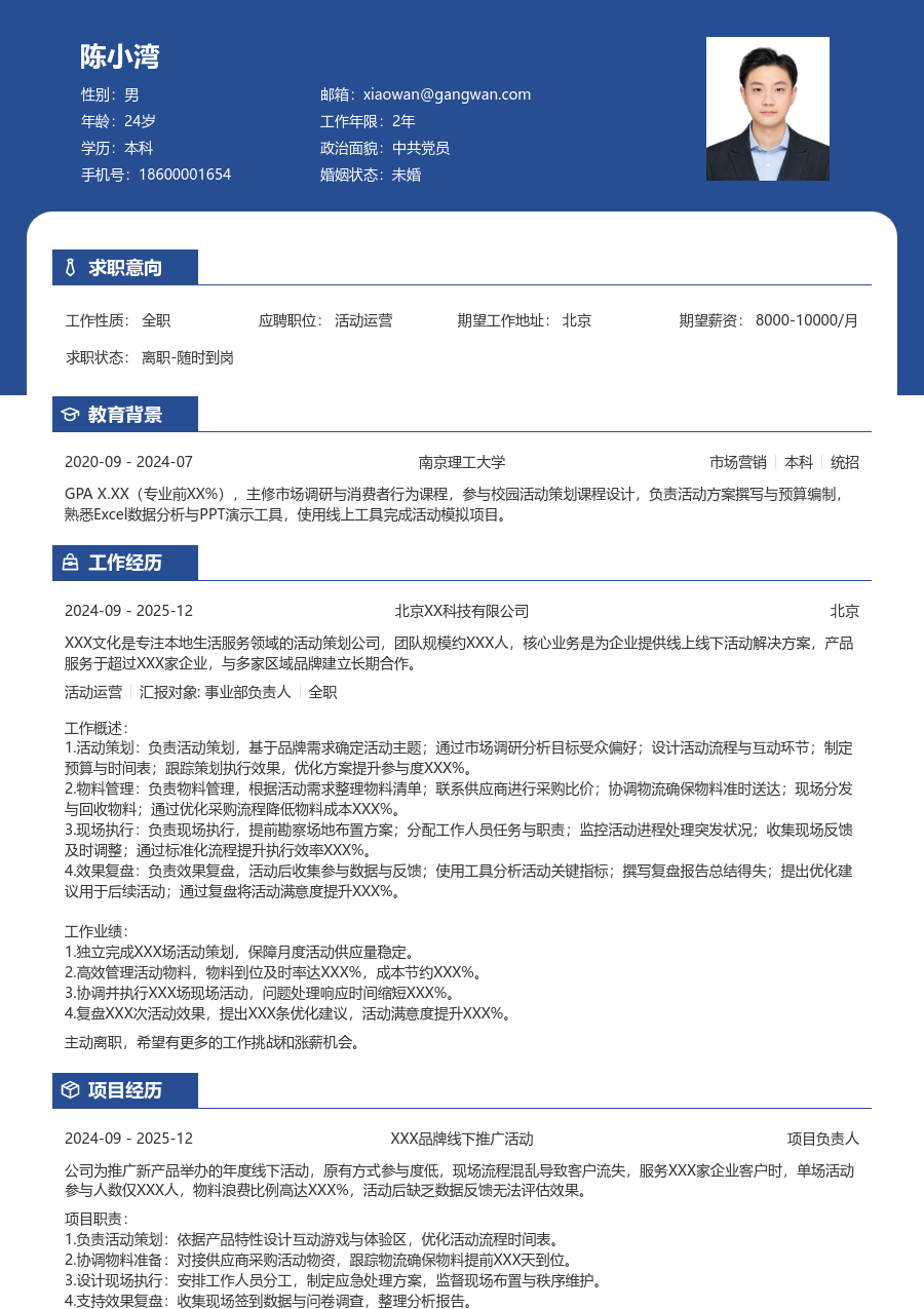 1年内经验活动运营简历模板（职业布局）