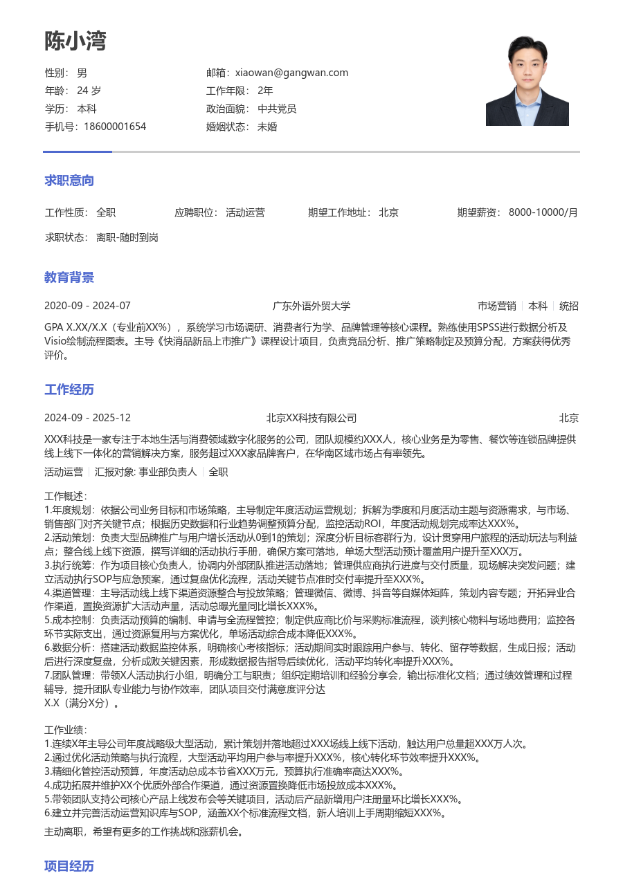 5-10年经验活动运营简历模板（干练样式） - 包含工作经历、项目经验的活动运营简历模板预览图