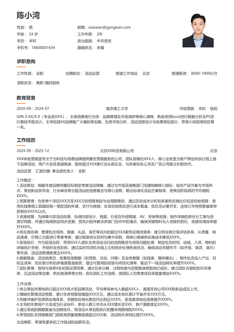 10+年经验活动运营简历模板（大方设计）