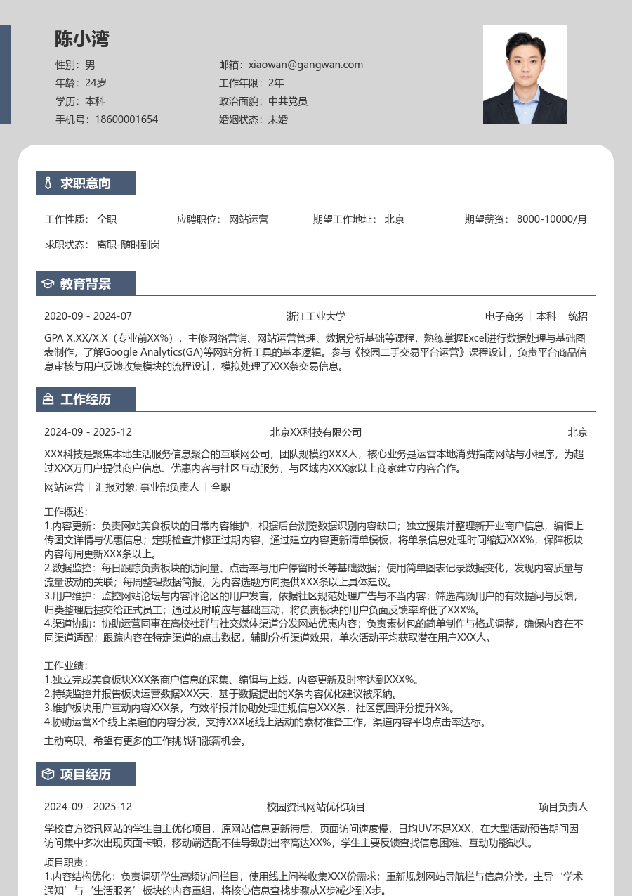 在校生网站运营简历模板（精简格式）