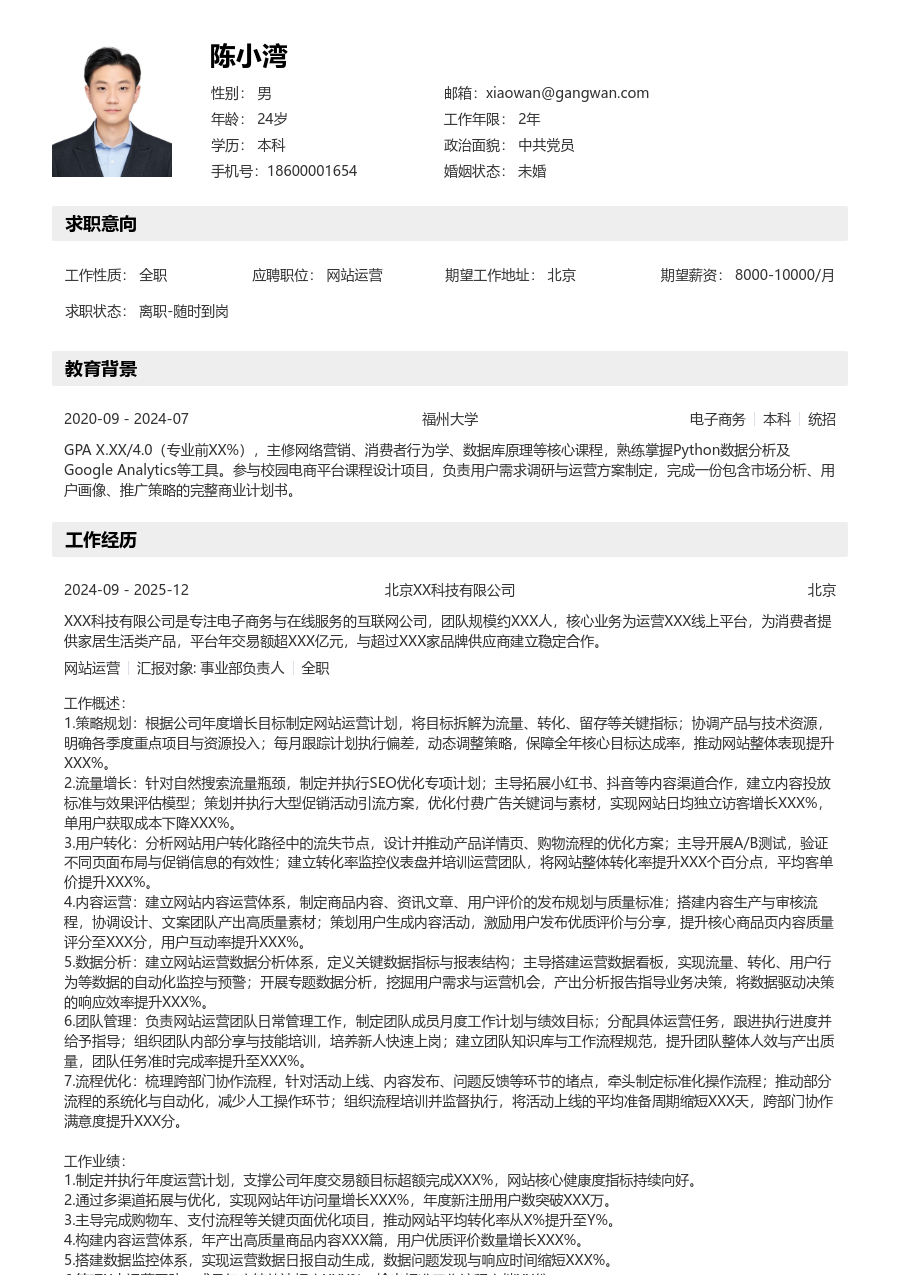 5-10年经验网站运营简历模板(清晰设计) - 包含工作经历、项目经验的网站运营简历模板预览图