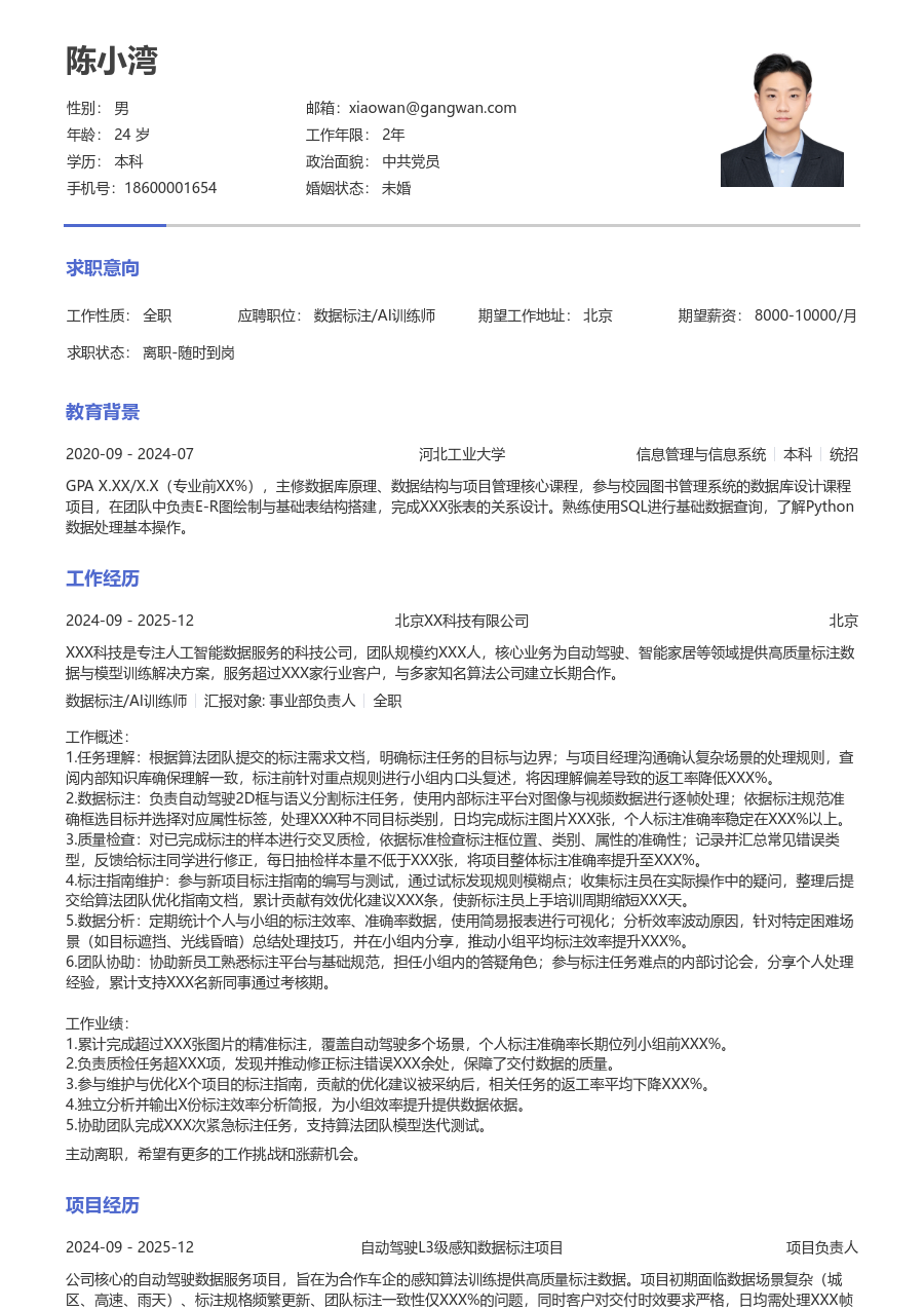 1-3年经验数据标注/AI训练师简历模板（干练风）
