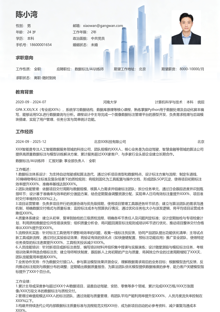 10+年经验数据标注/AI训练师简历模板（大气设计）