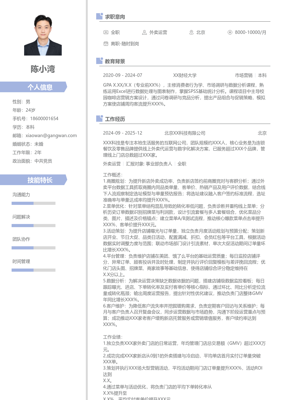 3-5年经验外卖运营简历模板（整洁版）