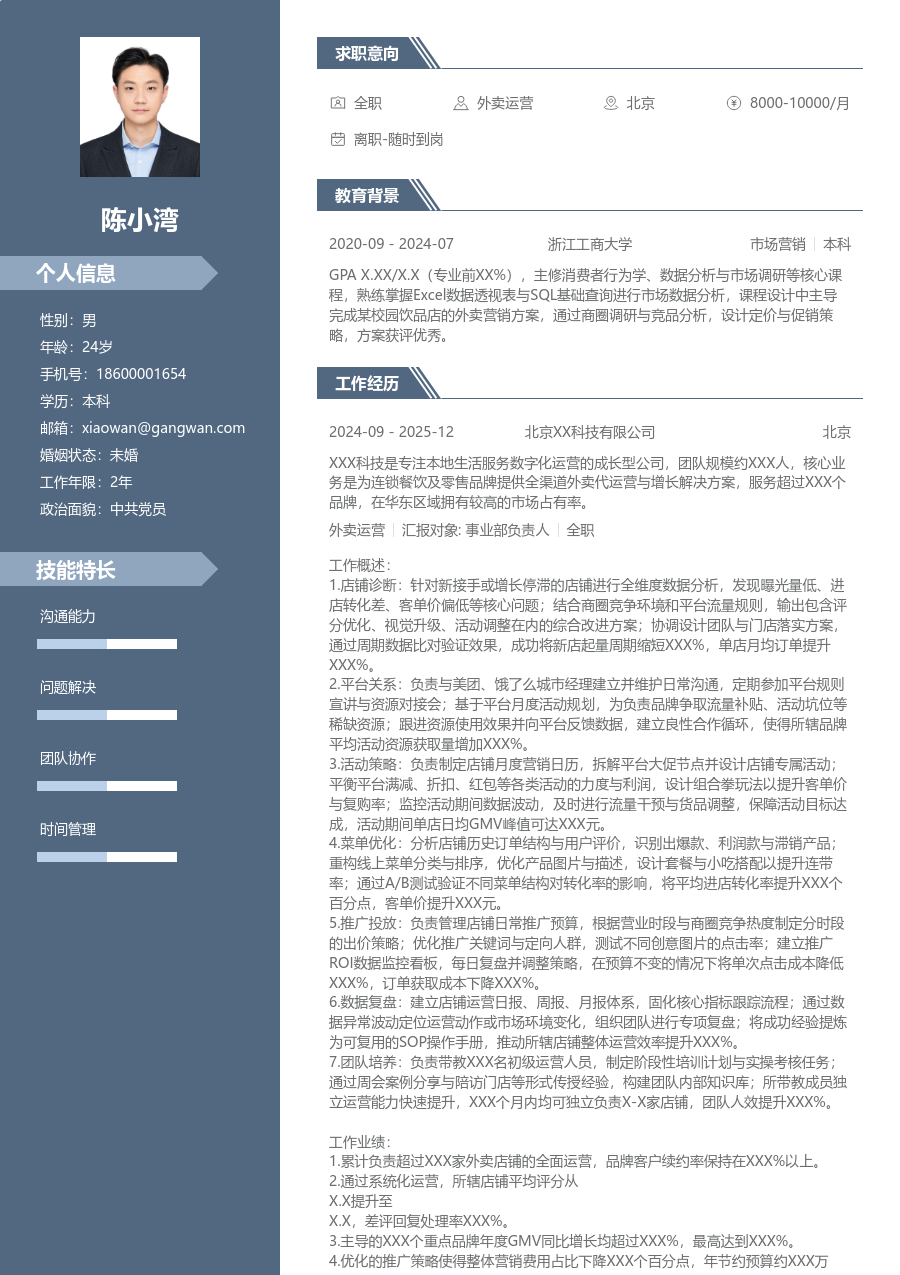 10+年经验外卖运营简历模板（商务款）