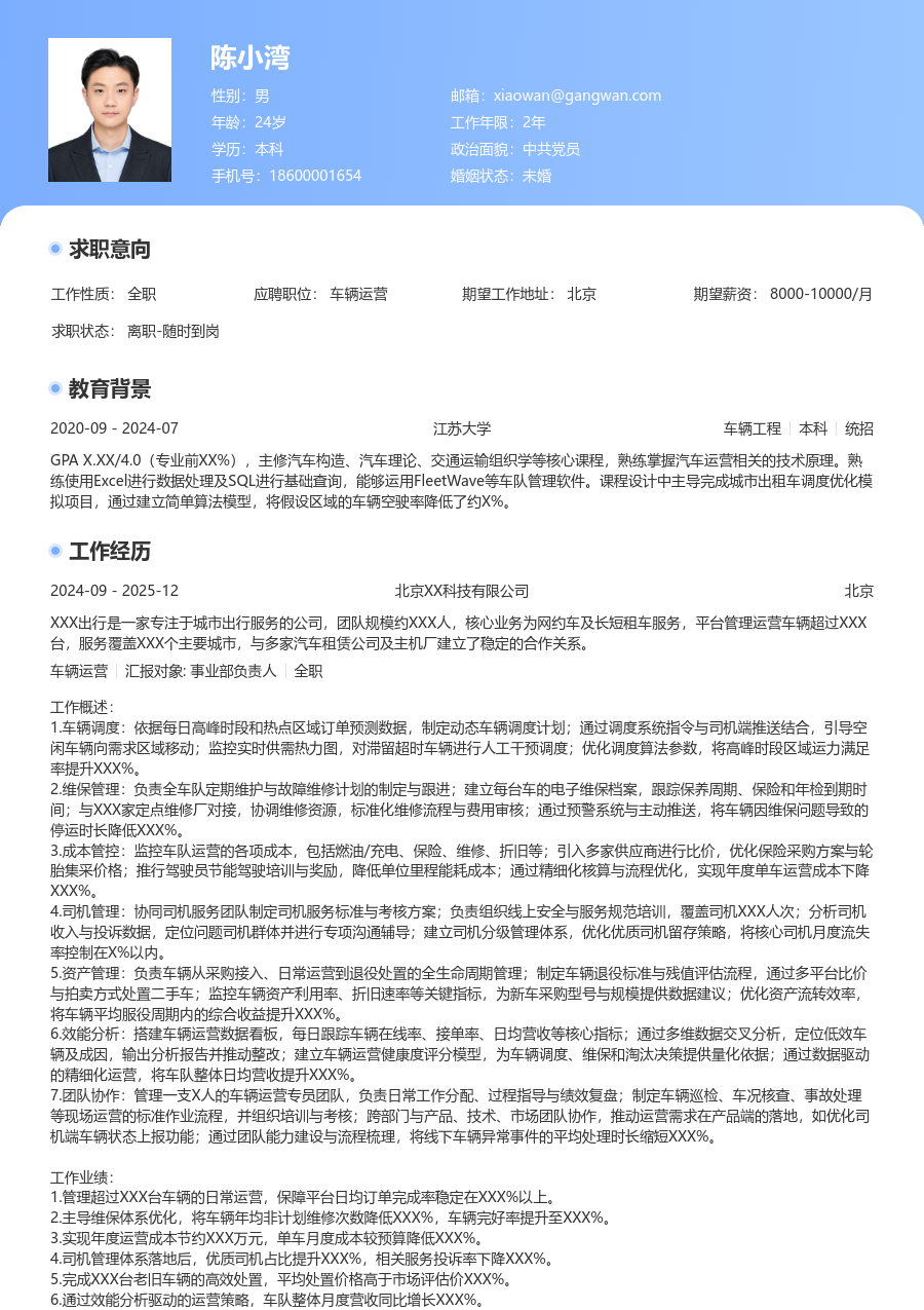 5-10年经验车辆运营简历模板（经典设计）