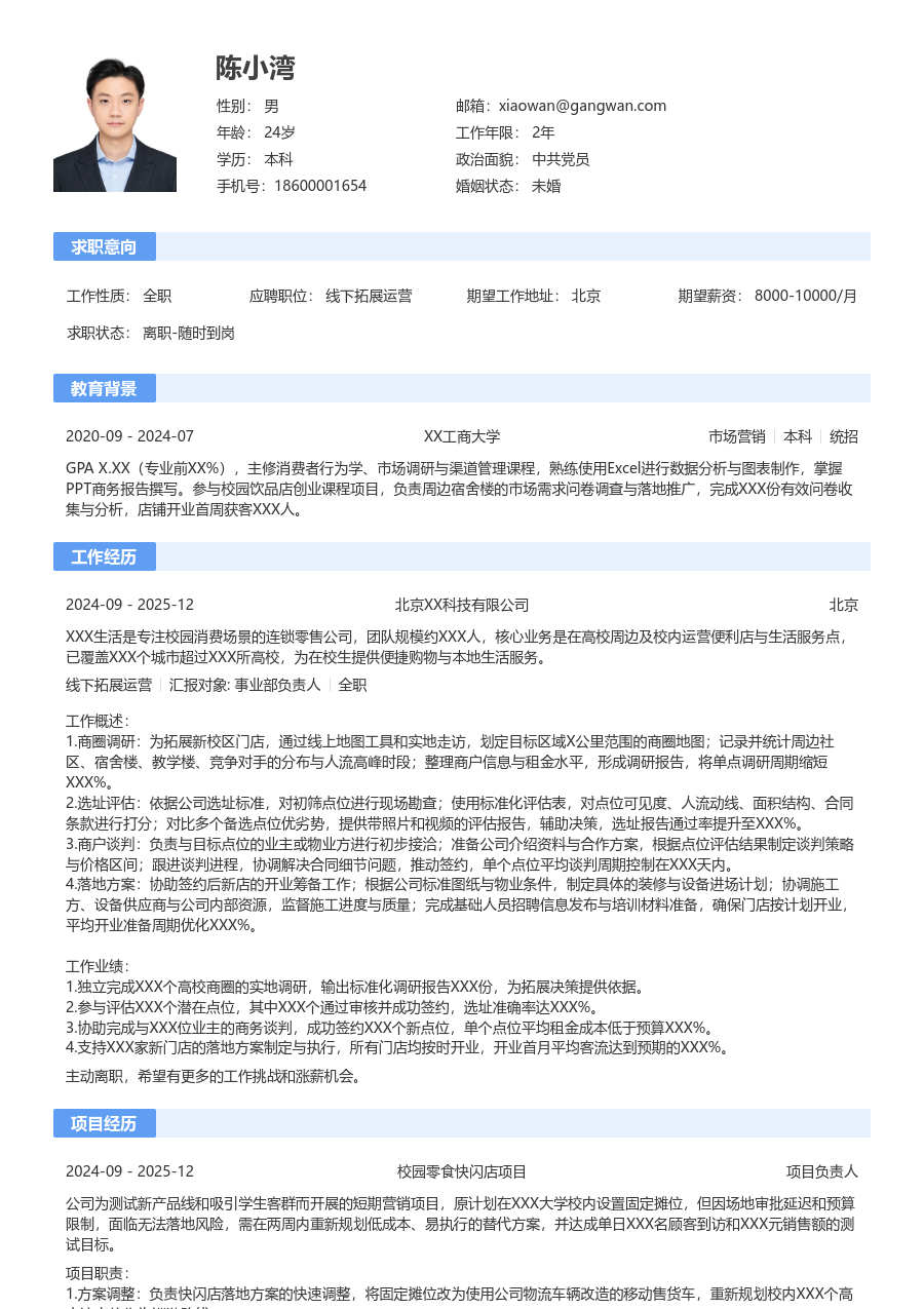 实习生线下拓展运营简历模板（标准风）