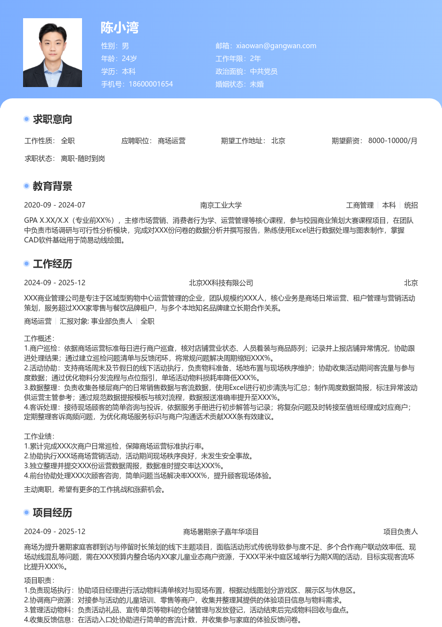 小白商场运营简历模板（经典设计）